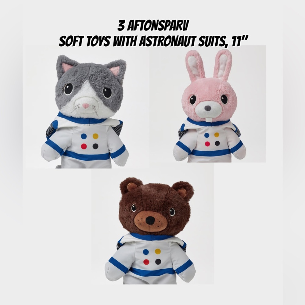 3-Pack Kids Plush Astronaut Toys - Gray Cat, Pink Bunny, Brown Bear